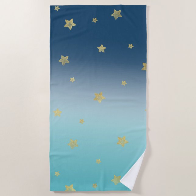 Serviette De Plage Etoiles d'or Aqua Blue Ombre (Devant)