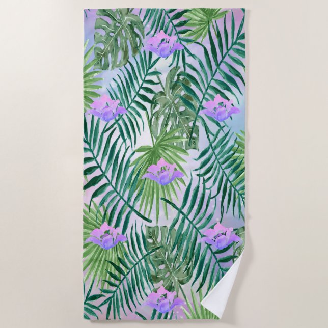 Serviette De Plage Exotique tropicale, Feuilles de palmiers, Hibiskus (Devant)
