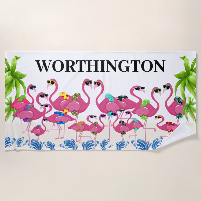 Serviette De Plage Famille de Flamants roses amusants (Devant)