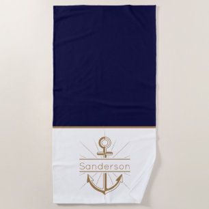 Serviette De Plage Famille nautique Monogramme Marine Blue Gold Ancre