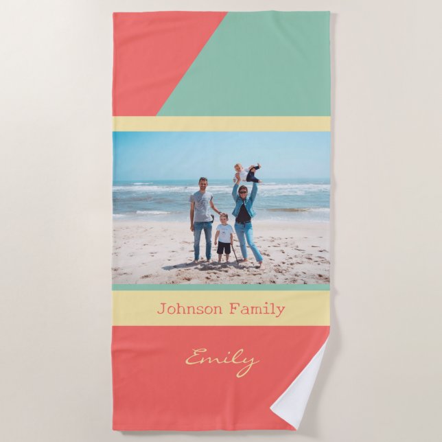 Serviette De Plage Famille Photo Couleurs douces Géométrique (Devant)