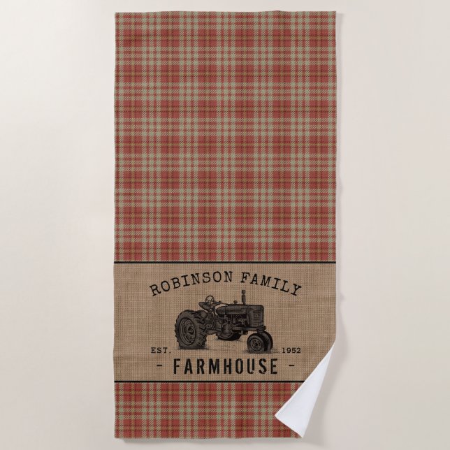 Serviette De Plage Family Farmhouse Rustic Tractor Red Plaid (Devant)