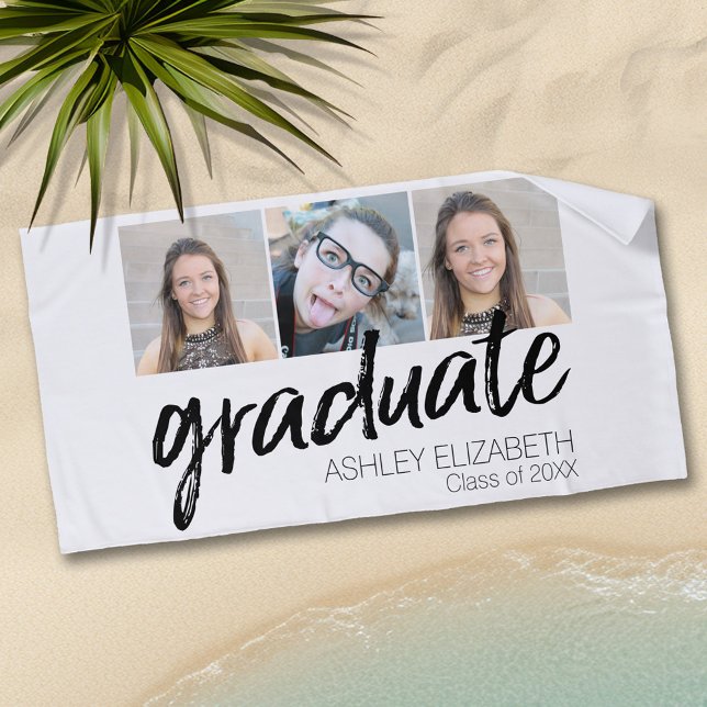 Serviette De Plage Félicitations Senior 3 Photo for Graduation (Personalized Beach Towel - Add Photos and Text)