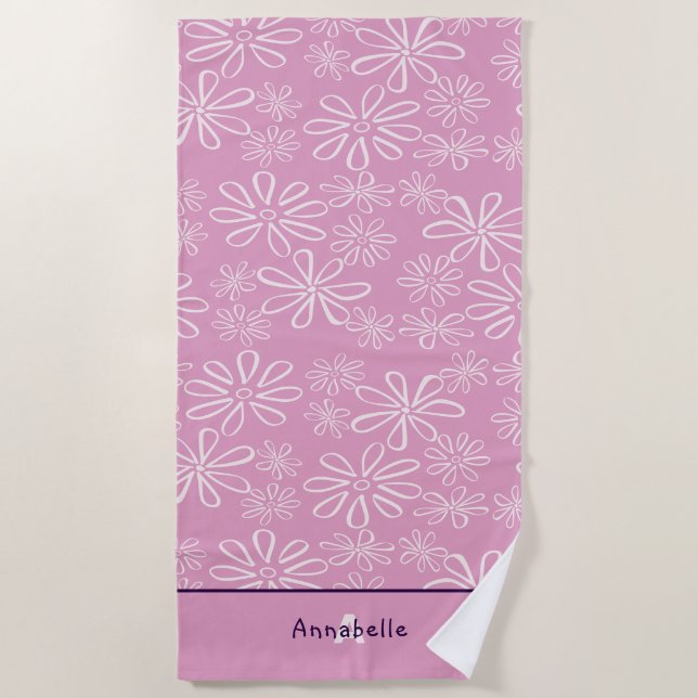 Serviette De Plage Feminine Nom & Blush & Pink Floral Doodle Motif (Devant)