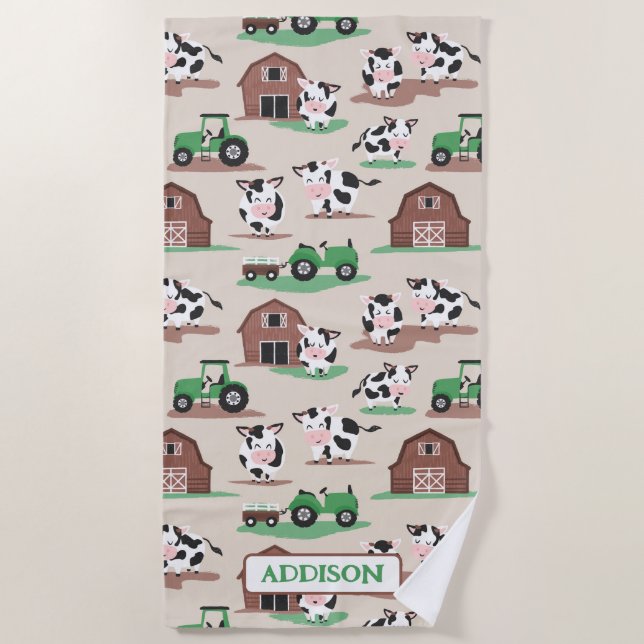 Serviette De Plage Ferme de vache rustique personnalisée Tan et vert (Devant)