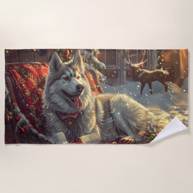 Serviette De Plage Festive de Noël de chien laphund finlandais (Devant)