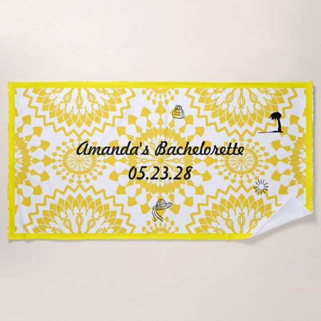 Serviette De Plage Fête de Fiançailles Motif Mandala Blanc Jaune  (Devant)