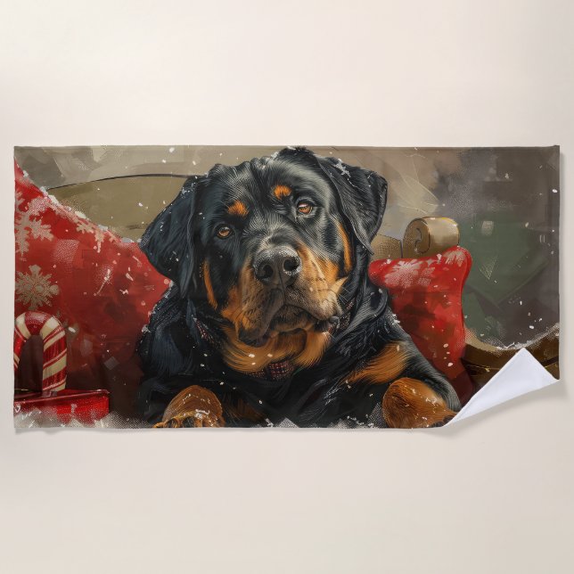 Serviette De Plage Fête de Noël de chien Rottweiler (Devant)