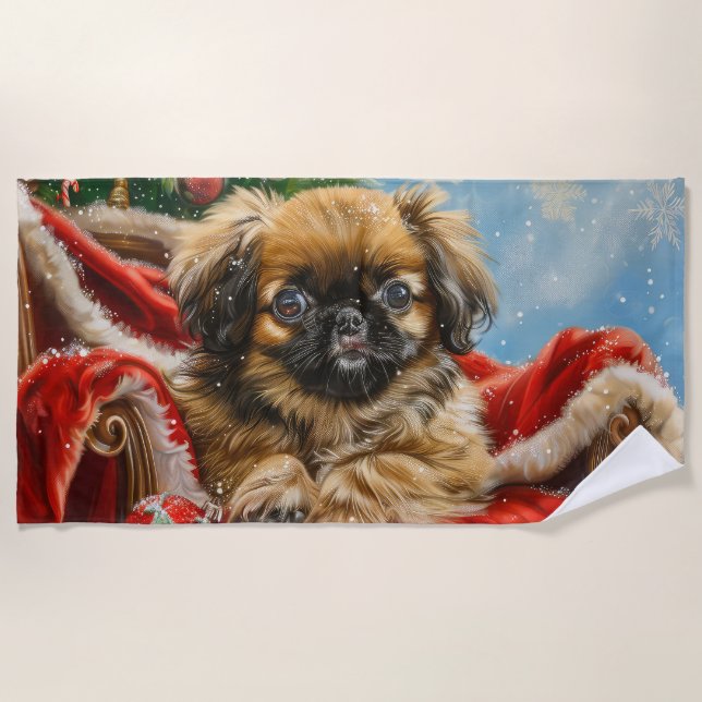 Serviette De Plage Fête de Noël des chiens de Pékin (Devant)