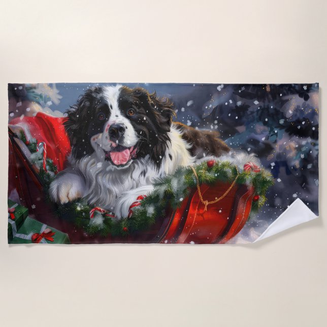 Serviette De Plage Fête de Noël des chiens de Terre-Neuve (Devant)