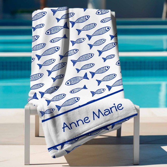 Serviette De Plage Fête du poisson côtier Bleu et Blanc (Créateur téléchargé)