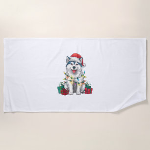 Serviette De Plage Feu de Noël Feu de Noël Chapeau Malamute Chien Noë