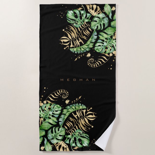 Serviette De Plage feuillage d'or tropical Monogramme (Devant)