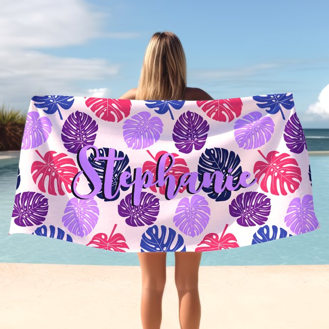 Serviette De Plage Feuilles de Monstera Tropicales Rose Violet Nom de (Créateur téléchargé)