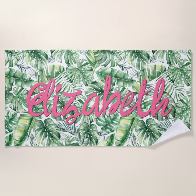 Serviette De Plage Feuilles de palmier tropicales à l'aquarelle Nom r (Devant)