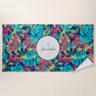 Serviette De Plage Feuilles de palmiers tropicaux Monogramme corail t