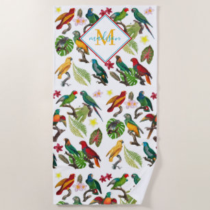 Serviette De Plage Feuilles de perroquets tropicaux colorés, Monogram