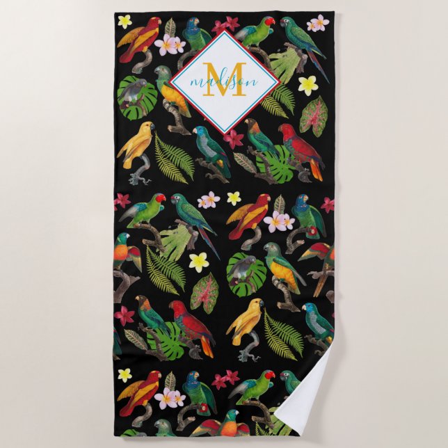 Serviette De Plage Feuilles de perroquets tropicaux colorés, Monogram (Devant)