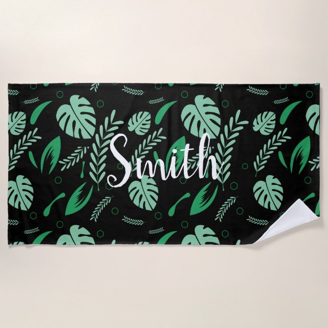 Serviette De Plage Feuilles d'été Tropical-Personnalisé Blanc Nom-Flo (Devant)