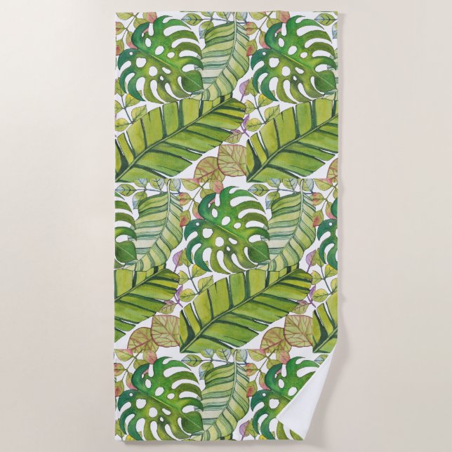 Serviette De Plage Feuilles Tropicaux En Aquarelle (Devant)