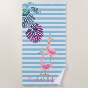 Serviette De Plage Feuilles tropicaux, Rayé, Flamants roses roses
