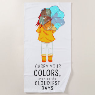 Serviette De Plage Fille avec parapluie dans le vent Citation positiv