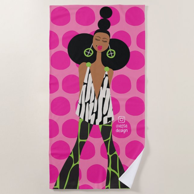 Serviette De Plage Fille noire en rose, noir, vert et blanc (Devant)