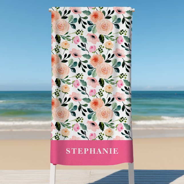 Serviette De Plage Fille Pêcher Et Roses Roses Rose Aquarelle Floral (Créateur téléchargé)