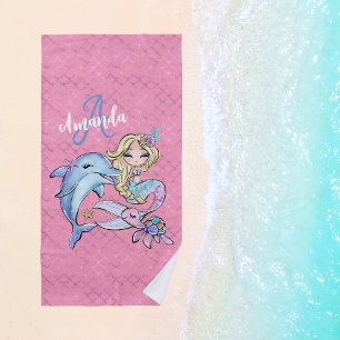 Serviette De Plage Fille personnalisée de sirène rose mignonne