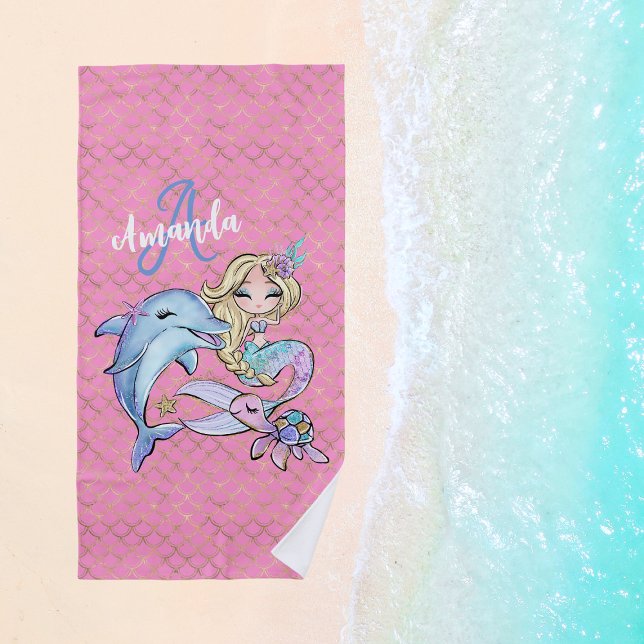 Serviette De Plage Fille personnalisée de sirène rose mignonne (Pink Cute Mermaid Custom Girl Beach Towel
)
