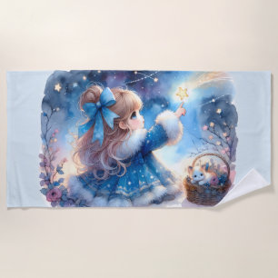 Serviette De Plage Fille rêveuse qui regarde les étoiles aquarelle