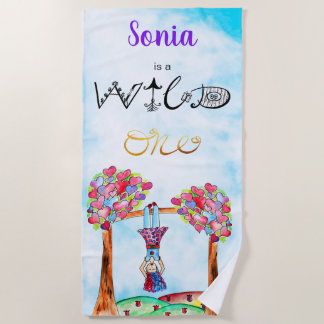 Serviette De Plage Fille rose violet personnalisée WILD ONE Boho Pain