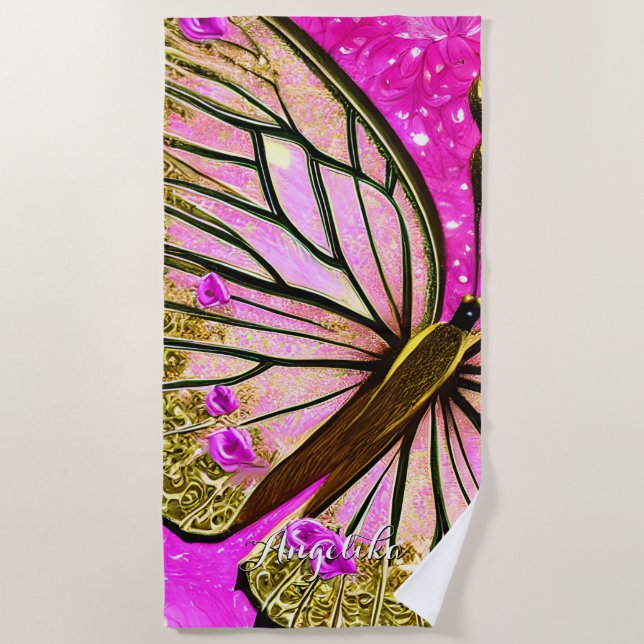 Serviette De Plage Fille tendance rose et papillon or Nom personnalis (Devant)
