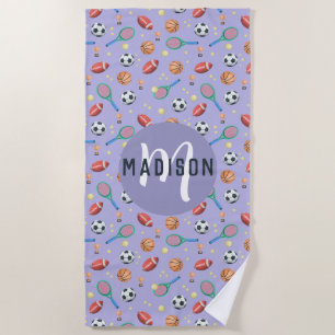 Serviette De Plage Filles mignonnes Violet Sports Monogrammes Enfants