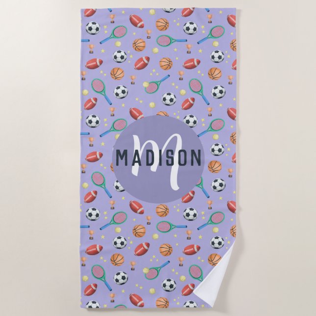 Serviette De Plage Filles mignonnes Violet Sports Monogrammes Enfants (Devant)