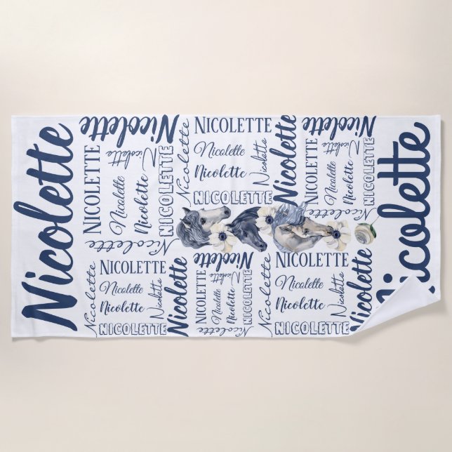 Serviette De Plage Filles personnalisées long nom avec chevaux (Devant)