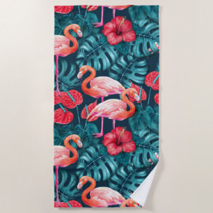 Serviette De Plage Flamant rose et aquarelle du jardin tropical