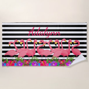 Serviette De Plage Flamant rose et rayures tropicaux personnalisés