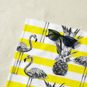 Serviette De Plage Flamant rose fille ananas jaune blanc Monogramme