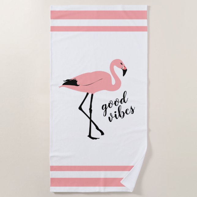 Serviette De Plage Flamant rose Good Vibes rose noir tendance mignonn (Devant)