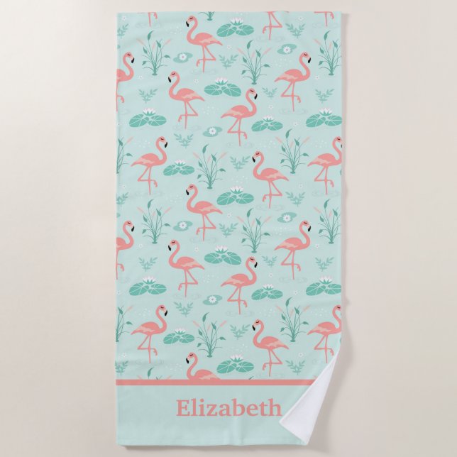 Serviette De Plage Flamant rose Monogramme Oiseau tropical vert rose (Devant)
