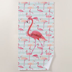 Serviette De Plage Flamant rose rose et rayures bleues