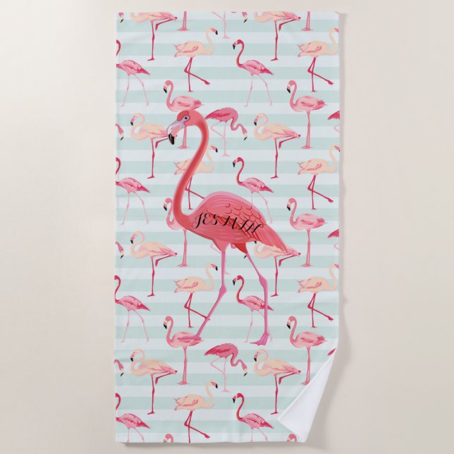 Serviette De Plage Flamant rose rose et rayures bleues (Devant)
