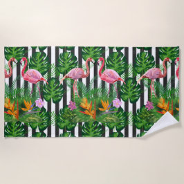 Serviette De Plage Flamant rose rose Fleurs tropicales Grunge foncé