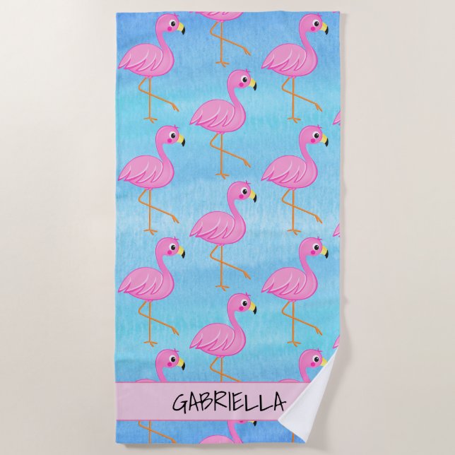 Serviette De Plage Flamant rose rose grand debout personnalisé (Devant)