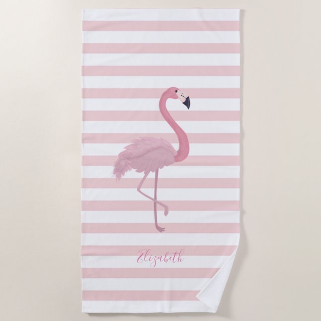 Serviette De Plage Flamant rose Rose mignon, Rayures -Personnalisé (Devant)