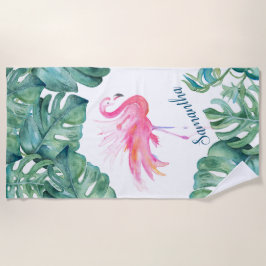 Serviette De Plage Flamant rose rose tropical et Feuilles de palmiers