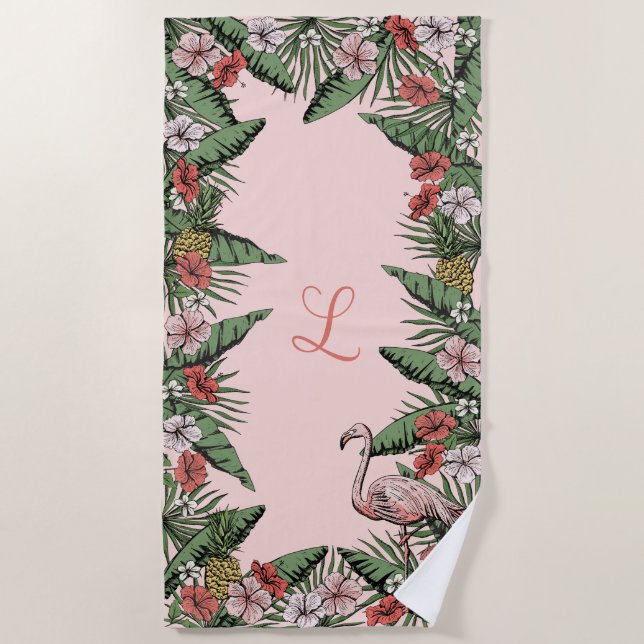 Serviette De Plage Flamant rose rose tropical et Hibiscus Monogrammé (Devant)
