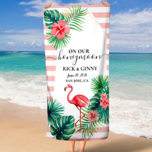 Serviette De Plage Flamant rose rose Tropical Feuilles rayures Lune d