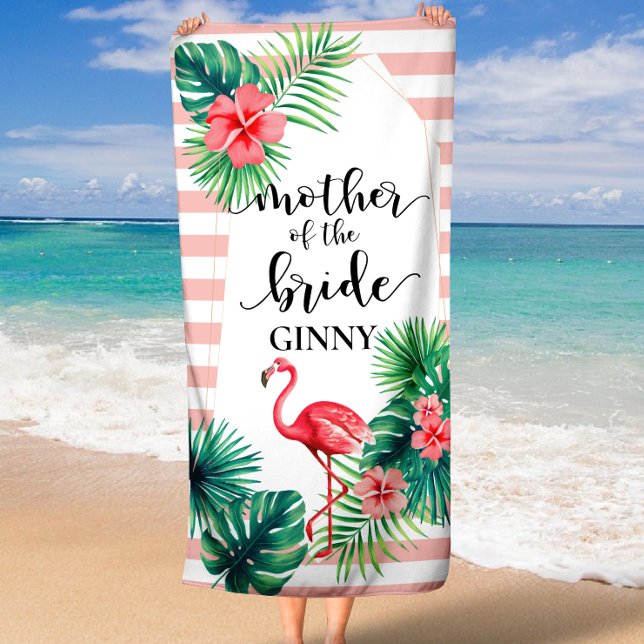Serviette De Plage Flamant Rose Tropical Mère de la Mariée Personnali (Pink Flamingo Tropical Mother of the Bride Custom Beach Towel)